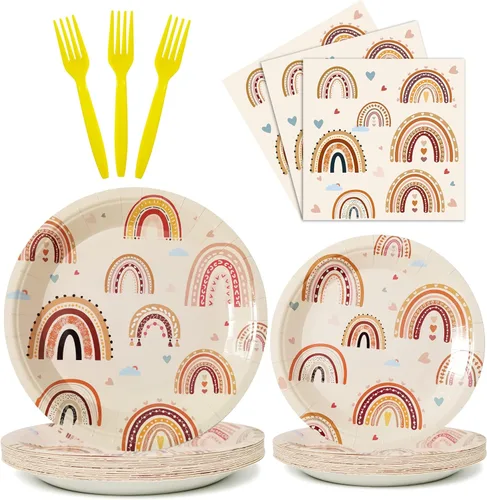 Platos de Fiesta Arcoíris Bohemio Servilletas Decoraciones Sirve 24, Suministros de Fiesta Hippie Groovy Juego de Vajilla para Arcoíris Bohemio