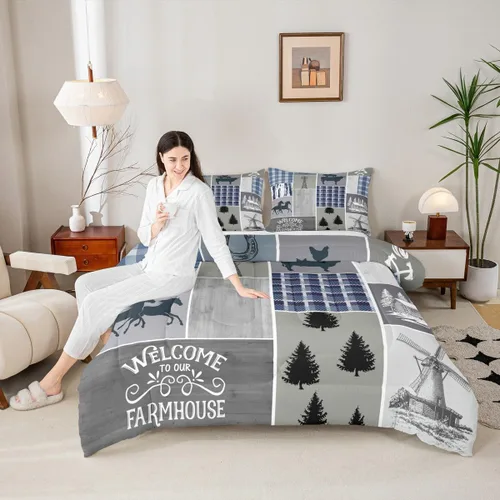 Miniatura 258 de Juego de edredón de oso y ciervo, tamaño individual, ropa de cama de animales salvajes de caza, colcha rústica de cabaña, casa de campo, cuadros