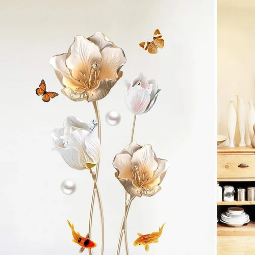 Miniatura 4 de Calcomanías de pared florales de flor de loto, calcomanías de pared de tulipán para sala de estar, decoración de pared extraíble para el hogar
