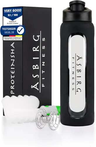 Botella agitadora de proteínas de vidrio de 35 onzas, sin BPA, tapa a prueba de fugas, bola mezcladora y funda de silicona, gran agitador de