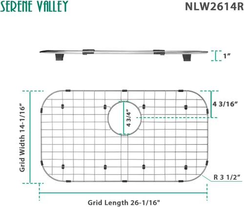 Miniatura 3 de Serene Valley Rejilla protectora para fregadero 26-1/16" x 14-1/16", drenaje trasero con radio de esquina 3-1/2", material de acero inoxidable 304