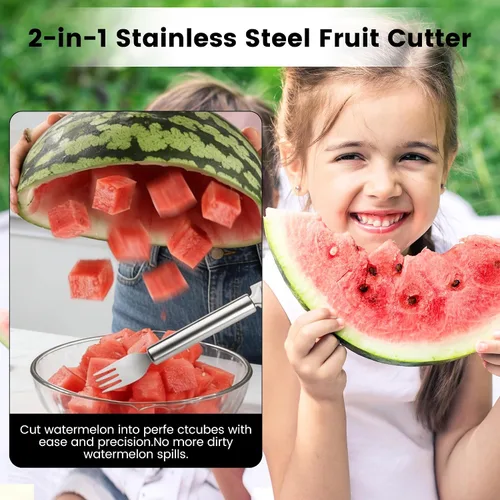 Miniatura 3 de Cortador de frutas de acero inoxidable 2 en 1, herramienta de corte de tenedor de sandía 2026, cuchillo cortador de sandía de doble cabezal