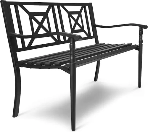 S AFSTAR Banco de jardín al aire libre, asiento de metal para porche con asiento y respaldo decorativo, sofá biplaza para 2 personas para patio,