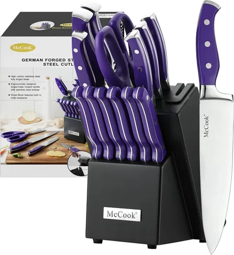 McCook FDA Juego de cuchillos de cocina de acero inoxidable con bloque de madera y tijeras de cocina multiusos Púrpura/Negro