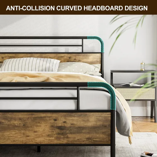 Miniatura 4 de IKIFLY Base de cama California King con cabecero de madera, cama de plataforma de metal California King, listones de acero resistente