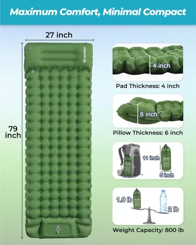 Miniatura 4 de Colchoneta de dormir inflable de 4 pulgadas de grosor con almohada ajustable y bomba de pie integrada, colchón de aire ligero para acampar con Verde