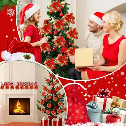 Miniatura 6 de Lyrow 60 flores de Pascua con purpurina de 6 pulgadas con clips y tallos, adornos para árbol de Navidad, flores de pascua artificiales para Navidad