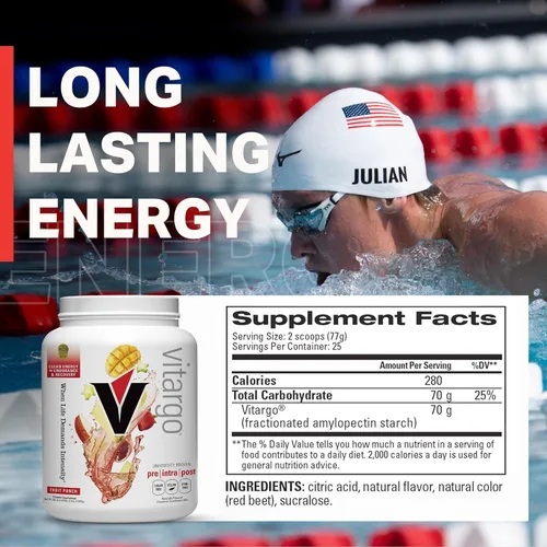 Miniatura 6 de Vitargo Polvo de Carbohidratos Alimenta el Glucógeno Muscular 2 Veces Más Rápido 4.4 LB Mango Polvo Pre Entrenamiento y Post Entrenamiento