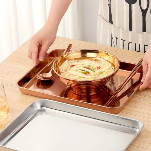 Miniatura 5 de Bandeja de acero inoxidable para mesa de café, plato de barbacoa, postre, plato de frutas, bandejas de desayuno, accesorios de cocina, oro rosa