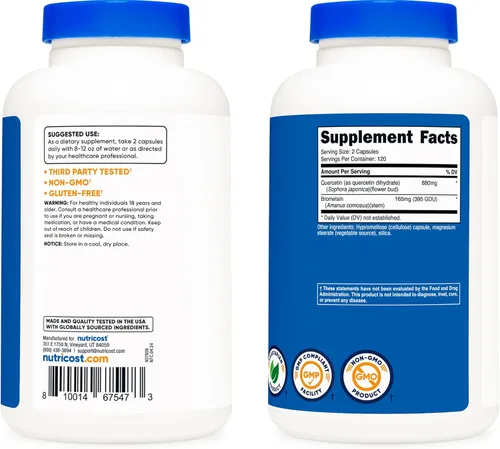 Miniatura 4 de Nutricost Quercetina 880 mg, 240 Cápsulas Vegetarianas con Bromelina (165 mg) – 120 Porciones (440 mg de Quercetina por Cápsula) – Sin Gluten, Sin