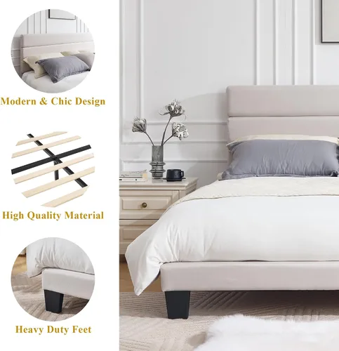 Miniatura 5 de Armazón de Cama de Plataforma Tamaño Full, Armazón de Cama con Cabecera de Tela Suave con Listones de Madera Resistentes – Moderno y Sin Ruido, Base
