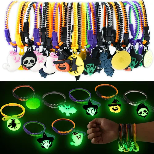 OuMuaMua Pulseras con cremallera para fiestas de Halloween para niños, paquete de 28 pulseras con cremallera que brillan en la oscuridad para