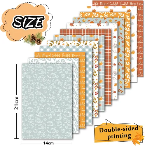 Miniatura 2 de Whaline 60 piezas de papel con patrón de otoño, hojas de otoño, calabaza, a cuadros, ondas, papel para manualidades, naranja, azul, hojas A5