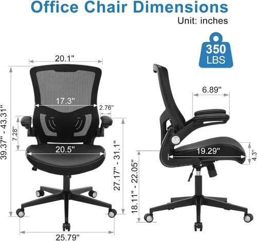 Miniatura 2 de Silla de oficina ergonómica de escritorio de 350 libras, cómoda silla de computadora de malla con soporte lumbar ajustable, reposabrazos abatibles