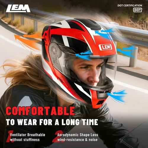 Miniatura 7 de LEM Cascos modulares de motocicleta de fibra de vidrio, casco de motocicleta de cara completa abatible para excursiones, certificado por DOT, visera