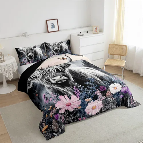 Miniatura 3 de Erosebridal - Juego de funda de edredón con flores de vaca de las Highlands, tamaño Queen, diseño de ganado vacuno, montañas con humo, decoración