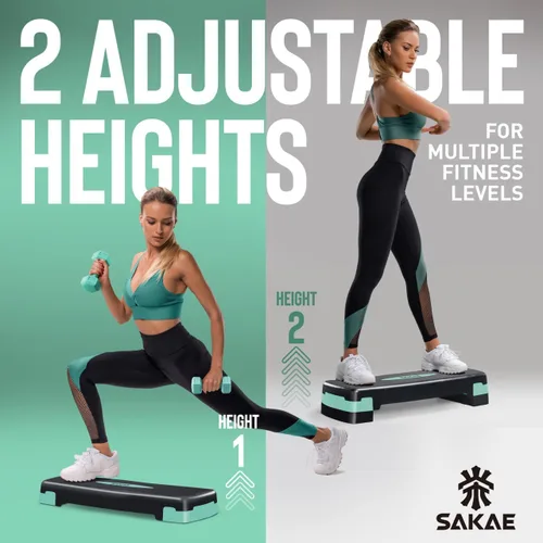 Miniatura 3 de SAKAE Set de Plataforma de Step Aeróbicos con Kettlebell y Cinta Métrica, Steps Aeróbicos para Ejercicio en Casa, Altura Ajustable 2 Niveles de Verde