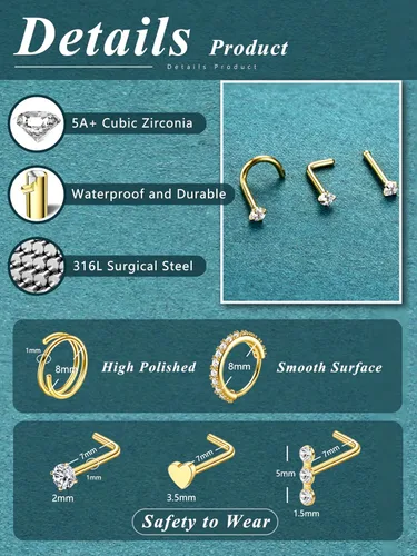 Miniatura 2 de THUNARAZ 32 anillos de nariz para mujeres y hombres – Retenedor de acero inoxidable quirúrgico hipoalergénico en forma de L transparente, recto