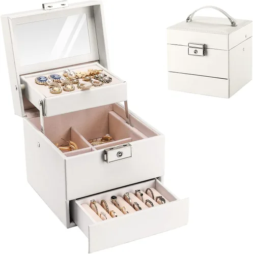 ProCase Joyero para niñas y mujeres que viajan regalo ideal pequeño organizador de joyas de 3 capas con cerradura de espejo organizador para aretes