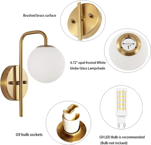 Miniatura 5 de BYOLIIMA Moderno juego de 2 apliques de pared de globo dorado industrial de mediados de siglo con pantalla de vidrio blanco de globo de latón
