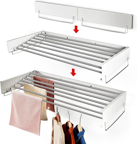 Heshecein - Estante de secado de pared plegable para lavandería, 7 varillas de acero inoxidable, estante de secado plegable para interiores y