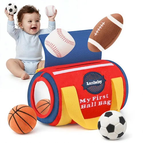 Juguetes para Bebés Niños de 6-12 Meses – My First Sports Bag Juguetes Musicales para Bebés con 4 Pelotas Sensoriales – Baloncesto, Fútbol