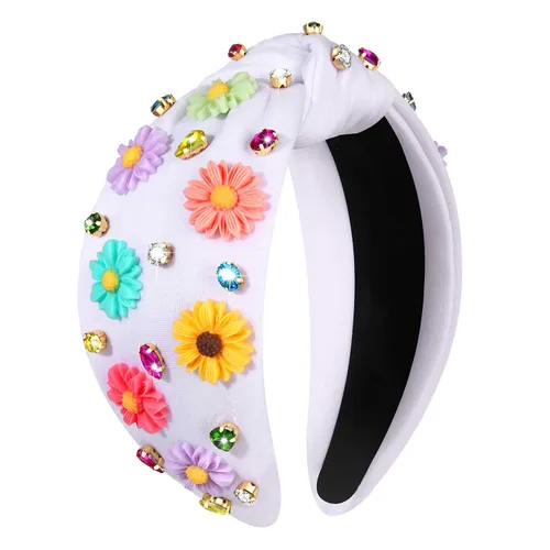 Miniatura 10 de Diademas anudadas con perlas para mujer, diademas de flores impresas con diamantes de imitación, diademas anudadas de cristal, cuentas brillantes