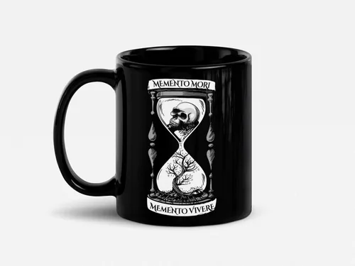 Soul'n'Passions Memento Mori Memento Vivere - Taza de cerámica con diseño de calavera Momento Mori Lent Stoic Memento Mori, 11 onzas, color negro
