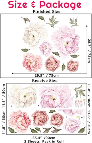 Miniatura 7 de Calcomanías de pared de flores de peonías, acuarela, elegantes calcomanías de pared florales para habitación de niñas, flores de peonía, carteles