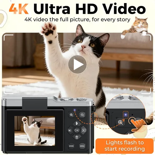 Miniatura 4 de MaxMango Cámara digital, cámara de vlogging de 64 MP y 2.4 pulgadas para principiantes, pantalla abatible de 180°, apunta y dispara, cámaras