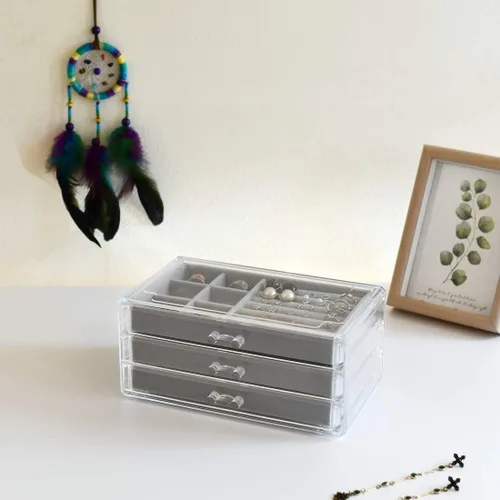 Miniatura 2 de HerFav Joyero de acrílico para mujer con 3 cajones para anillos, aretes y collares, estuche compacto para joyería, gris transparente