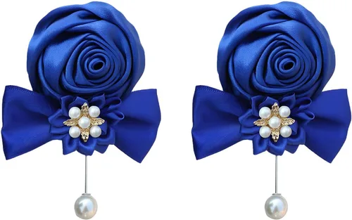 Miniatura 16 de Boutonniere de rosas de satén, 2 piezas para boda, novio, padrino, padrino, mejor hombre, padre, alfiler de solapa, agujero de botón, flor