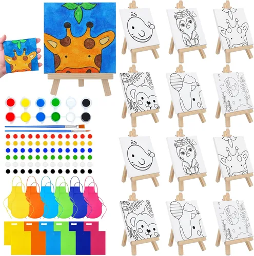 Miniatura 7 de Tenceur Juego de 48 piezas de recuerdos de fiesta de pintura para niños con 12 piezas de paneles de lona predibujados de animales y caballete