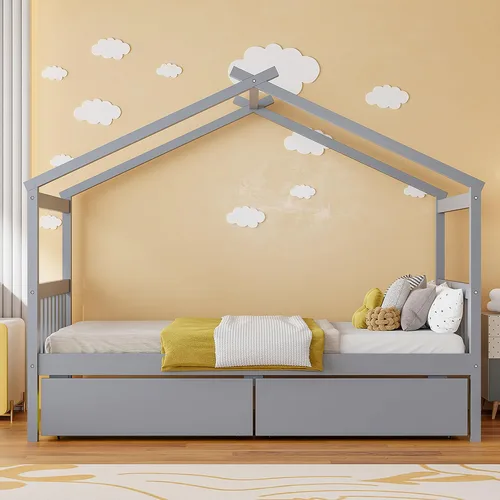 Miniatura 3 de Bellemave Cama Casa Tamaño Twin con 2 Cajones de Almacenamiento Cama Casa Montessori de Madera para Niños Marco de Cama de Madera Casa de Juegos Gris