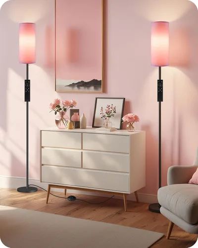 Miniatura 2 de Paquete de 2 lámparas de pie rosas regulables para sala de estar con 2 controles remotos e interruptor de pie, lámpara de pie de esquina, lámpara