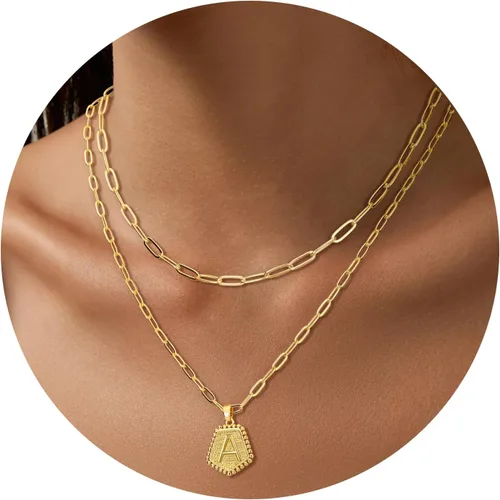 Miniatura 2 de SAVORI Collares con iniciales en capas para mujer, chapado en oro de 14 quilates, delicado collar de cadena de clip en capas, lindo colgante