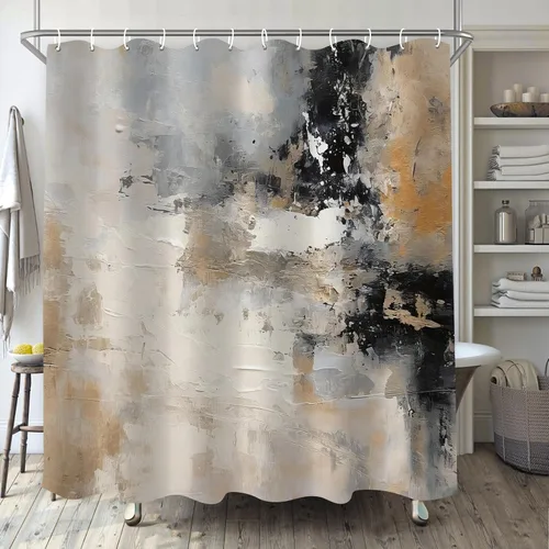 Miniatura 13 de Cortina de ducha negra y beige para baño, juego de cortina de ducha boho blanco, marrón, beige y crema, pintura al óleo abstracta de tela moderna