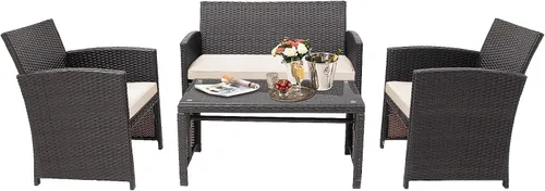Miniatura 28 de HAPPYGRILL Juego de 4 muebles de mimbre para exteriores con mesa de centro de vidrio templado, cojines suaves, juego de sillas de ratán resistentes