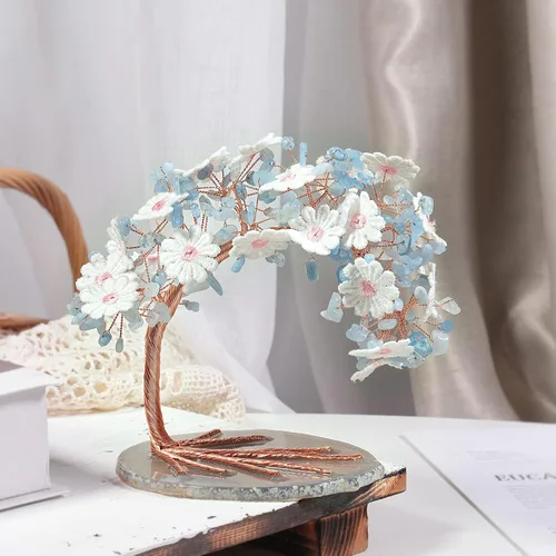 Miniatura 4 de mookaitedecor Árbol de cristal aguamarina natural con base de ágata, árbol de dinero floral de encaje bordado para decoración de escritorio