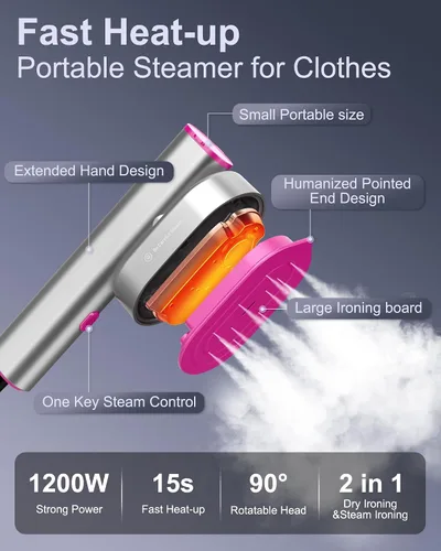 Miniatura 3 de Vaporizador de viaje para ropa, vaporizador de mano 2 en 1 y plancha de vapor, calentamiento rápido de 10 segundos 1200 W, cabezal giratorio de 90°