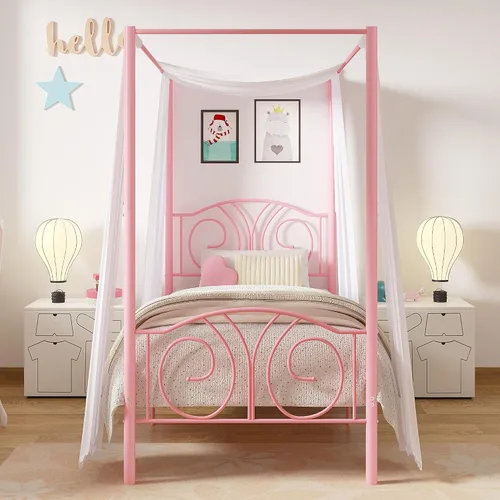 Miniatura 15 de VECELO Base de cama con dosel de metal, tamaño individual, base de colchón con plataforma de 4 pósteres con cabecero, soporte de listones de acero