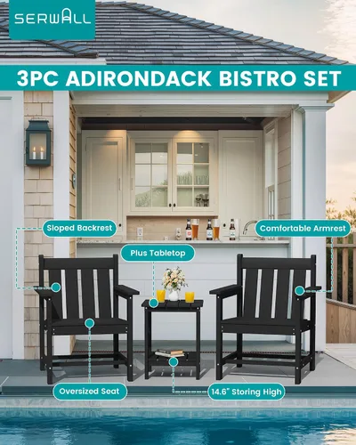 Miniatura 3 de SERWALL - Juego de muebles de patio bistró de 3 piezas, juego de sillas Adirondack para todo clima con mesa auxiliar, juego de muebles de patio al