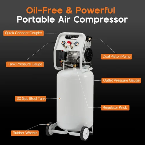 Miniatura 5 de Albott Compresor de aire vertical de 20 galones, compresor de aire eléctrico de 1.8 HP con motor de cobre, 120 PSI máximo, tanque ultra silencioso