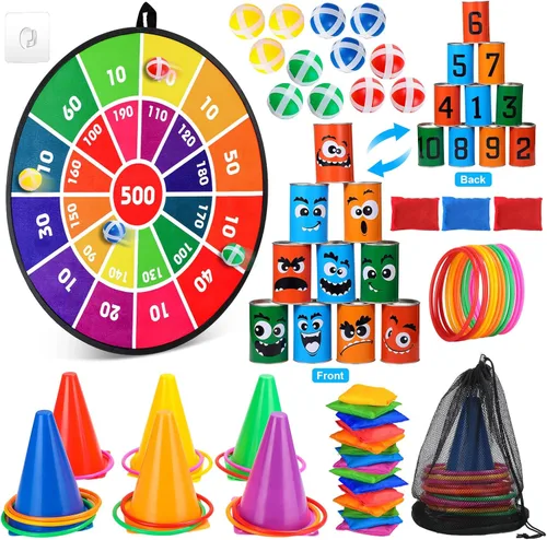 Miniatura 7 de Hungdao Juego de 3 juegos de carnaval, tablero de dardos con bolas de plástico, conos de plástico, bolsas de frijol, juego de lanzamiento