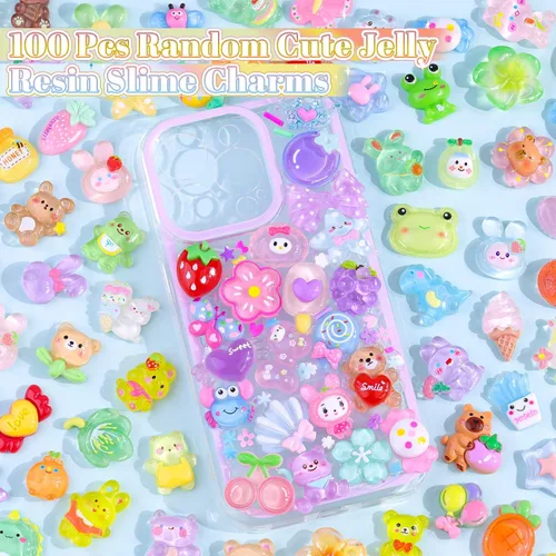 Miniatura 2 de 100 dijes de slime de gelatina de resina con parte trasera plana para slime, dijes Kawaii aleatorios para adornos de teléfono, caja de basura a