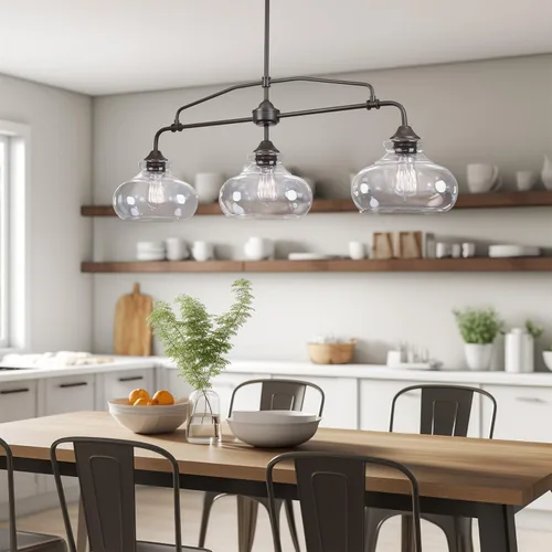 Miniatura 3 de Kira Home Harlow - Lámpara de isla de cocina industrial moderna de granja de 38 pulgadas de 3 luces con pantallas de vidrio transparente, altura