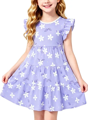 Miniatura 23 de Vestido casual para niñas, de algodón suave, manga corta, transpirable, acampanado, para adolescentes, talla 2T, 3T, 4T, 5, 6, 7, 8, 9, 10, 12, 13