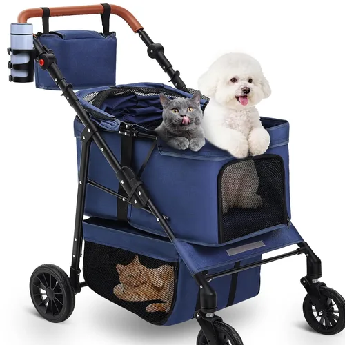 Miniatura 12 de Cochecito de perro para mascotas pequeñas, transportador de 4 ruedas todo terreno para gatos y perros con ruedas delanteras de 360°, mango ajustable