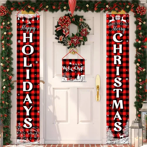 Miniatura 4 de Cartel navideño de 3 piezas de Navidad para porche, pancarta de Feliz Navidad, pancarta de bienvenida para puerta delantera, letrero colgante