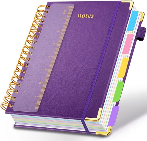 Miniatura 42 de Cuaderno de espiral con tapa dura, de 8 x 10 pulgadas, separadores y divisores extraíbles, 300 páginas, 5 asignaturas, a rayas, de piel sintética